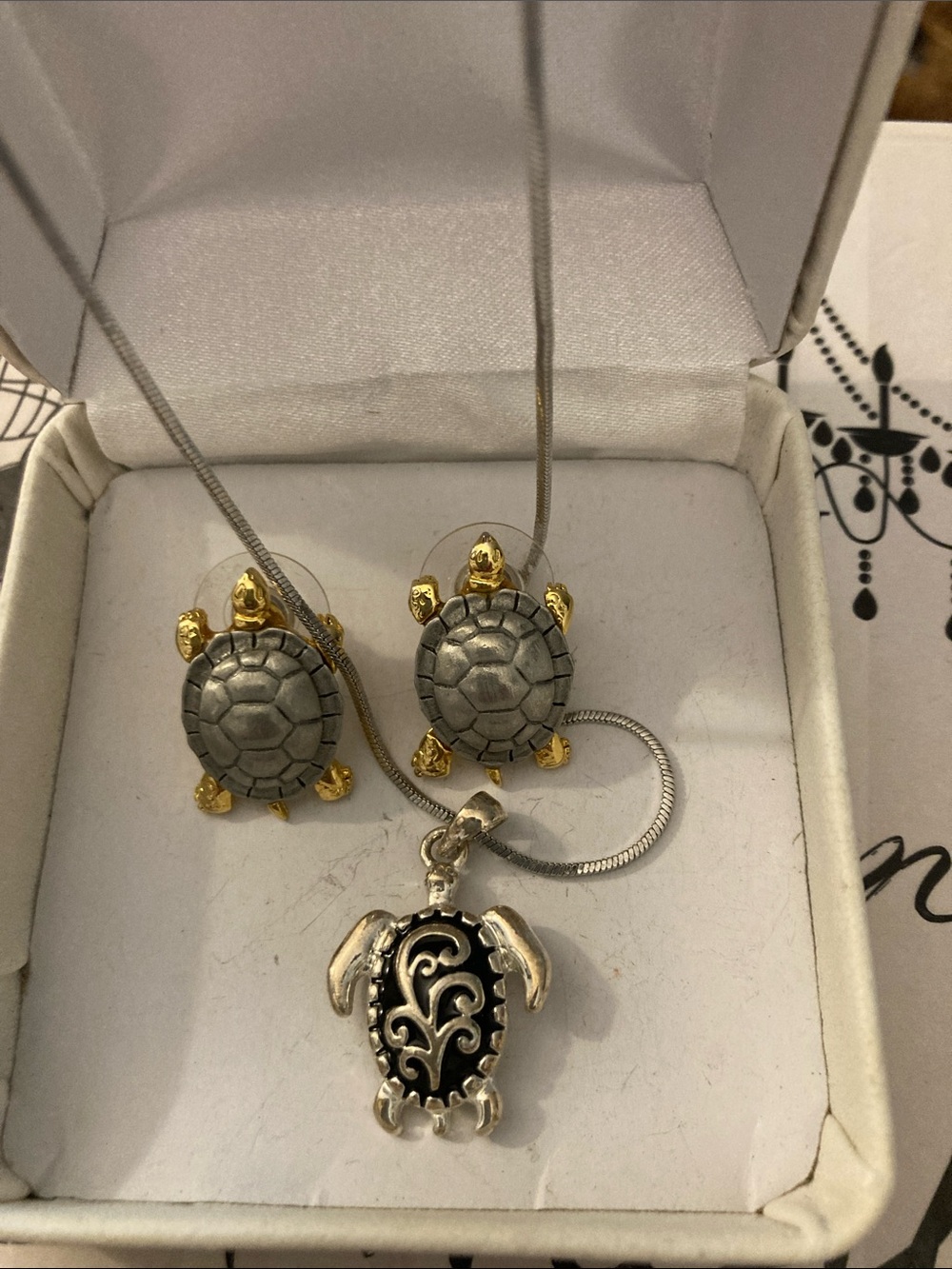 Turtle Pendant Necklace and Stud Earrings Set - Silver and Gold Accent